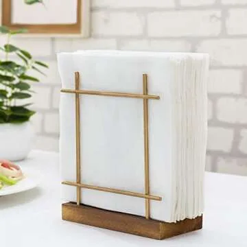 MyGift Contemporary Brass-Tone Wire Metal Upright Napkin Holder with Rustic Burnt Brown Wood Base, Decorative Kitchen Table Dining Napkin Holder