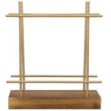 MyGift Contemporary Brass-Tone Wire Metal Upright Napkin Holder with Rustic Burnt Brown Wood Base, Decorative Kitchen Table Dining Napkin Holder