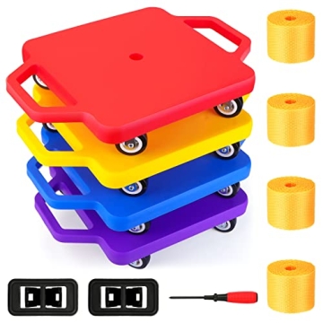 4 Pack Sports Scooter Board with Handles, Floor Scooter Board Sitting Scooter Board with Non-Marring...