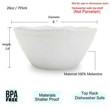 KX-WARE Melamine Cereal Bowls Set - 28 oz/6 inch 100% Melamine Soup/Salad Bowls | set of 6, White | ...