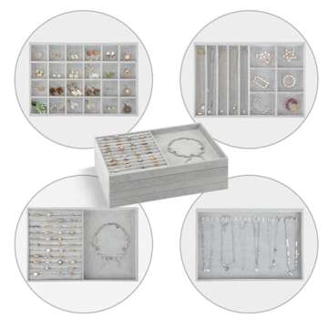 Fixwal 13.8in Jewelry Organizer Trays, Large Stackable Jewelry Tray for Drawers, Jewelry Storage for Earring Ring Necklace Bracelet Watch with Removable Divider, Grey, Set of 4