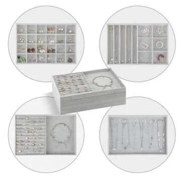 Fixwal 13.8in Jewelry Organizer Trays, Large Stackable Jewelry Tray for Drawers, Jewelry Storage for Earring Ring Necklace Bracelet Watch with Removable Divider, Grey, Set of 4