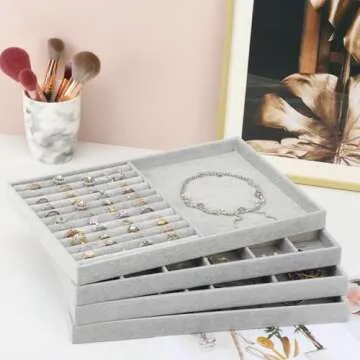 Fixwal 13.8in Jewelry Organizer Trays, Large Stackable Jewelry Tray for Drawers, Jewelry Storage for Earring Ring Necklace Bracelet Watch with Removable Divider, Grey, Set of 4