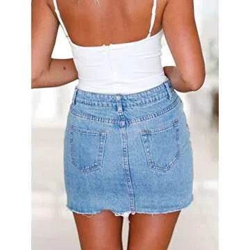 Deslimale Jean Skirts for Women's Casual Washed Frayed Stretch Denim Mini Skirt (US 8-10)