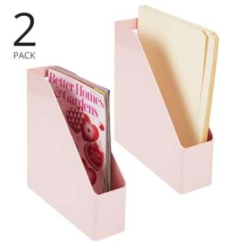 mDesign Plastic Slim Vertical File Folder Storage Organizer Bin with Handle - Hold Notebooks, Binders, Envelopes, Magazines for Home Office, Work Desktops, Ligne Collection, 2 Pack, Light Pink