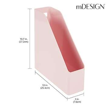 mDesign Plastic Slim Vertical File Folder Storage Organizer Bin with Handle - Hold Notebooks, Binders, Envelopes, Magazines for Home Office, Work Desktops, Ligne Collection, 2 Pack, Light Pink
