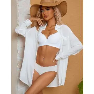 Gowpug Swimsuit Coverup for Women Long Sleeve Bathing Suit Cover Up Swimwear Button Down Shirt Blouses V Neck Bikini Beach Cover Ups(A-White)