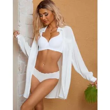 Gowpug Swimsuit Coverup for Women Long Sleeve Bathing Suit Cover Up Swimwear Button Down Shirt Blouses V Neck Bikini Beach Cover Ups(A-White)