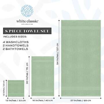 White Classic Luxury Bath Towel Set of 8 Pieces - 100% Turkish Cotton Highly Absorbent Towels for Bathroom, 2 Luxury Bath Towels 700GSM, 2 Hand Towels, 4 Washcloths, Green