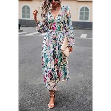 Maxi Dresses for Women 2024 Casual V Neck Long Sleeve Empire Waist Fall Wedding Guest Party Chiffon ...