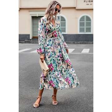 Maxi Dresses for Women 2024 Casual V Neck Long Sleeve Empire Waist Fall Wedding Guest Party Chiffon Dress Green L
