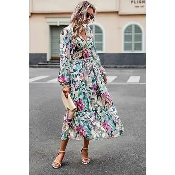 Maxi Dresses for Women 2024 Casual V Neck Long Sleeve Empire Waist Fall Wedding Guest Party Chiffon Dress Green L