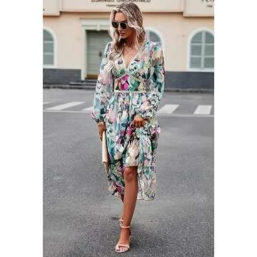 Maxi Dresses for Women 2024 Casual V Neck Long Sleeve Empire Waist Fall Wedding Guest Party Chiffon Dress Green L