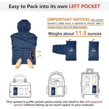 Outdoor Ventures Women's Packable Lightweight Full-Zip Puffer Jacket with Hood Quilted Winter Coat