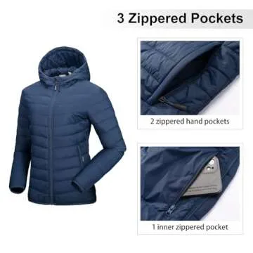 Outdoor Ventures Women's Packable Lightweight Full-Zip Puffer Jacket with Hood Quilted Winter Coat