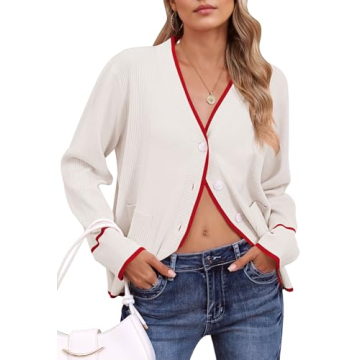 Viottiset Women's Cardigan Sweaters-Oversized Button Down Cover Ups Striped Tops Color Block Knit Sweater Lightweight White Large