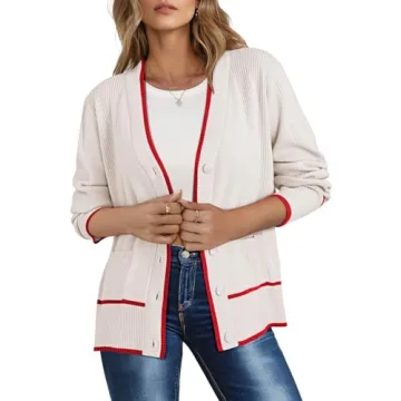 Viottiset Women's Cardigan Sweaters-Oversized Button Down Cover Ups Striped Tops Color Block Knit Sweater Lightweight White Large