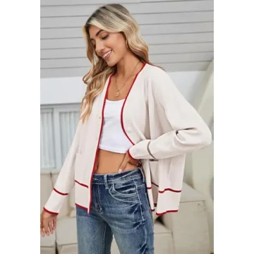 Viottiset Women's Cardigan Sweaters-Oversized Button Down Cover Ups Striped Tops Color Block Knit Sweater Lightweight White Large