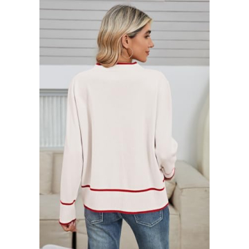 Viottiset Women's Cardigan Sweaters-Oversized Button Down Cover Ups Striped Tops Color Block Knit Sweater Lightweight White Large