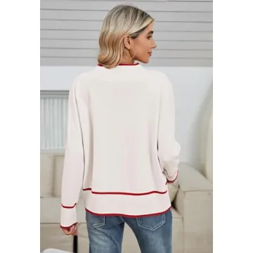 Viottiset Women's Cardigan Sweaters-Oversized Button Down Cover Ups Striped Tops Color Block Knit Sweater Lightweight White Large