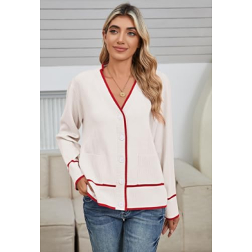 Viottiset Women's Cardigan Sweaters-Oversized Button Down Cover Ups Striped Tops Color Block Knit Sweater Lightweight White Large