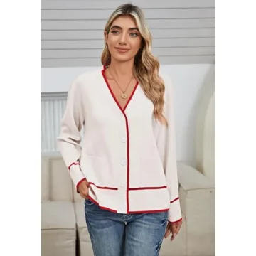 Viottiset Women's Cardigan Sweaters-Oversized Button Down Cover Ups Striped Tops Color Block Knit Sweater Lightweight White Large