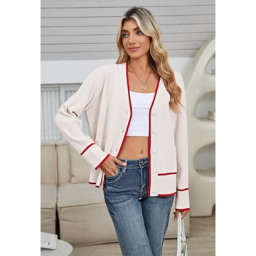 Viottiset Women's Cardigan Sweaters-Oversized Button Down Cover Ups Striped Tops Color Block Knit Sweater Lightweight White Large