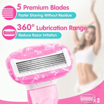 Travel Razors for Women Include 1 Handle and 2 Cartridges, Extra Smooth 5-Blade Travel Essentials Razor with Travel Case, Portable Travel Size Toiletries for Women, Pink
