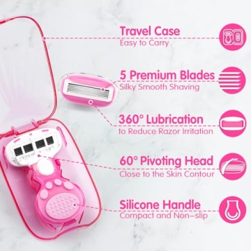 Travel Razors for Women Include 1 Handle and 2 Cartridges, Extra Smooth 5-Blade Travel Essentials Razor with Travel Case, Portable Travel Size Toiletries for Women, Pink