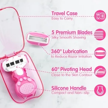 Travel Razors for Women Include 1 Handle and 2 Cartridges, Extra Smooth 5-Blade Travel Essentials Razor with Travel Case, Portable Travel Size Toiletries for Women, Pink