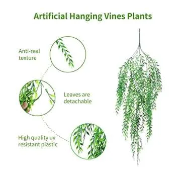 herfate Garland Artificial Hanging Plants 4 PC Weeping Willow Swag Leaves Ivy Vine Fake Seaweed Gree...