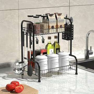 Bathroom Counter Organizer With Toiletries Basket,2 Tier Bathroom Countertop Storage Rack with Adjustable Feetpad,No-Screw Caddy Stand for Vanity,Sturdy Metal Wire Black,Medium 12.8''L x 7.2''W