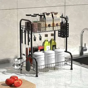 Bathroom Counter Organizer With Toiletries Basket,2 Tier Bathroom Countertop Storage Rack with Adjustable Feetpad,No-Screw Caddy Stand for Vanity,Sturdy Metal Wire Black,Medium 12.8''L x 7.2''W