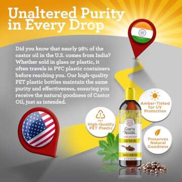 GuruNanda Castor Oil (8 Fl oz), 100% Pure, Cold Pressed & Hexane-Free, Hydrating Carrier Oil, Natural Castor Oil for Hair, Eyebrows & Eyelashes Growth