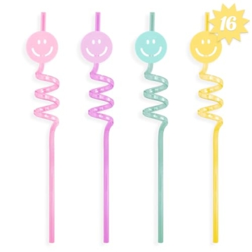 xo, Fetti Pastel Smiley Reusable Straw Set - 16 pc | Preppy Birthday Party Decorations, Cute Bachelo...