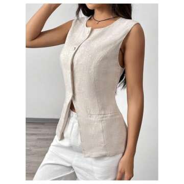 MakeMeChic Women's Vest Top Sleeveless Blazer Split Hem Button Down Dressy Suit Vest Outerwear Waistcoat Apricot Small