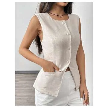 MakeMeChic Women's Vest Top Sleeveless Blazer Split Hem Button Down Dressy Suit Vest Outerwear Waistcoat Apricot Small