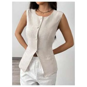 MakeMeChic Women's Vest Top Sleeveless Blazer Split Hem Button Down Dressy Suit Vest Outerwear Waistcoat Apricot Small