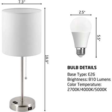 Kukobo Bedside Table Lamps for Bedroom Set of 2, 3 Color Temperature Nightstand Lamp for Living Room with USB Charging Port & AC Outlet, Pull Chain White Shade, 2 Blubs Included.