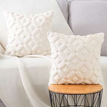 MADIZZ Set of 2 Beige Plush Short Wool Throw Pillow Covers 16x16 Inch Square Super Soft Cozy Decorat...