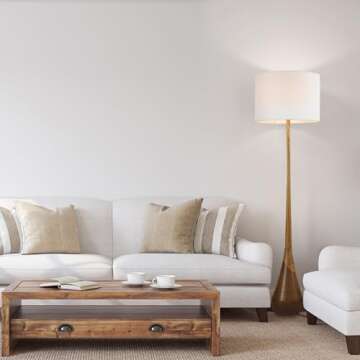 Globe Electric Novogratz x Globe Harrington 65" Floor Lamp, 2-Tone Faux Wood Base, White Fabric Shade, Socket Rotary Switch 67225