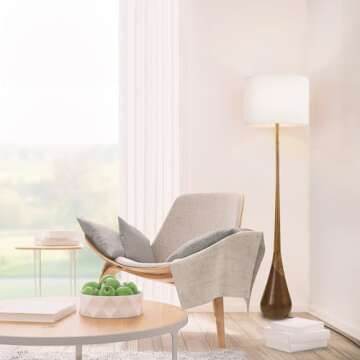 Globe Electric Novogratz x Globe Harrington 65" Floor Lamp, 2-Tone Faux Wood Base, White Fabric Shade, Socket Rotary Switch 67225