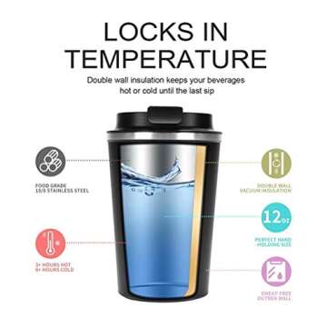 SIMPLE DRINK Insulated Travel Coffee Mug | Double Wall Vacuum Stainless Steel Coffee Cup Tumbler with Spill Proof Lid for Hot and Ice Beverages, 12 oz