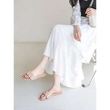 HAPUSS Womens Flat Slide Sandals,braided sandals for women,Square Open Toe Slippers Cute Slip On Summer Fashion Shoes Casual beige size 8.5