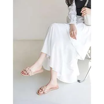 HAPUSS Womens Flat Slide Sandals,braided sandals for women,Square Open Toe Slippers Cute Slip On Summer Fashion Shoes Casual beige size 8.5