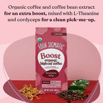 Four Sigmatic Boost Organic High Caffeine Coffee | Dark Roast Extra Strong Ground Coffee with L-Theanine & Cordyceps Mushroom Extract | Energy Booster Without the Jitters | 12oz Bag