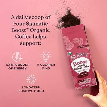 Four Sigmatic Boost Organic High Caffeine Coffee | Dark Roast Extra Strong Ground Coffee with L-Theanine & Cordyceps Mushroom Extract | Energy Booster Without the Jitters | 12oz Bag