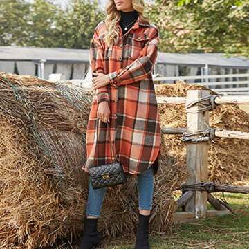 Ainangua Women's Casual Wool Blend Long Plaid Shirt Jacket Button Down Pocketed Shirt Shacket (Orange, L)