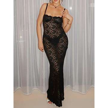 Women 's Y2K Sheer Lace Maxi Dress Mesh See Through Long Dress Perspective Backless Split Beach Party Dresses (Black, S)