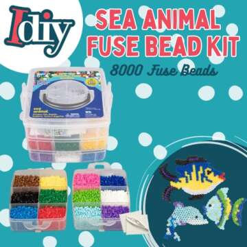 SCS Direct 8,000 pc Fuse Beads Super Kit w/Sea Animal Pegboards & Templates, 12 Colors, 6 Peg Boards, Tweezers, Ironing Paper- Art Craft Project, Kids Birthday Party Gift, School Activity